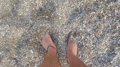 Low section of person standing on sand