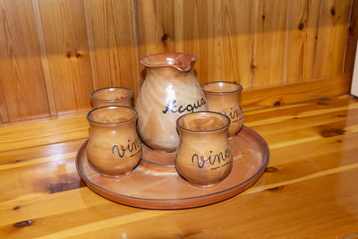 High angle view of drink in jar on table