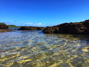 Scenic view of sea against clear blue sky