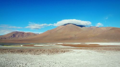 Scenic view of mountains against blue sky