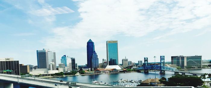 Low angle view of modern buildings against sky