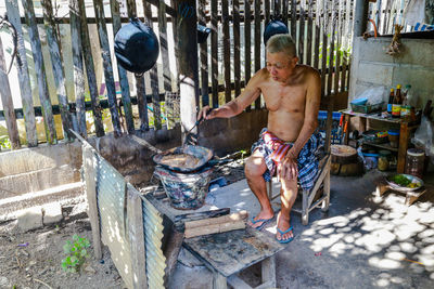 High angle view of man working