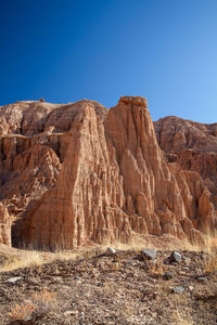 Rock formations on landscape against clear blue sky