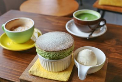 High angle view of breakfast served on table