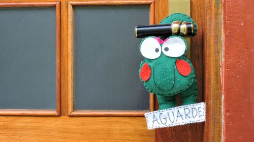 Stuffed toy with text on closed house door