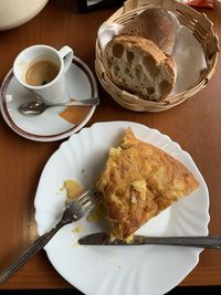 High angle view of breakfast and coffee on table