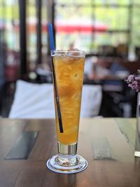 Close-up of beer in glass on table