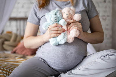 Midsection of pregnant woman with teddy bear