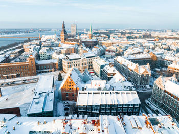 Aerial view of the winter riga old town