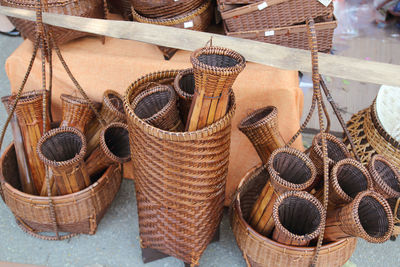 High angle view of wicker basket for sale at market stall