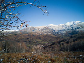 Scenic view of snowcapped mountains against sky