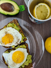 High angle view of breakfast served on table