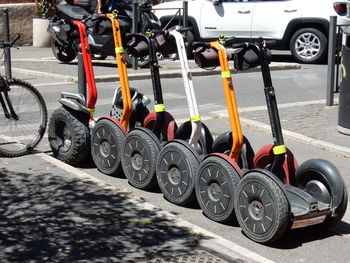 Bicycles parked on street in city