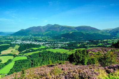 Scenic view of field and mountains against sky