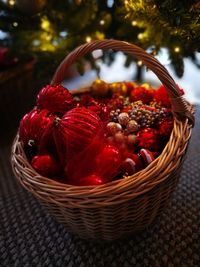 New year ornaments close-up of strawberries in basket