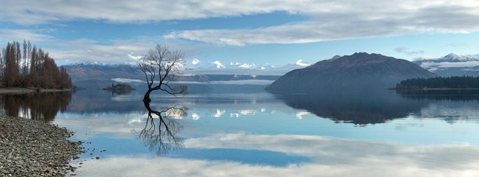 Scenic view of lake and mountains against sky