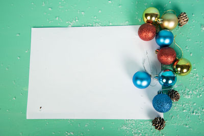 High angle view of christmas decoration on table