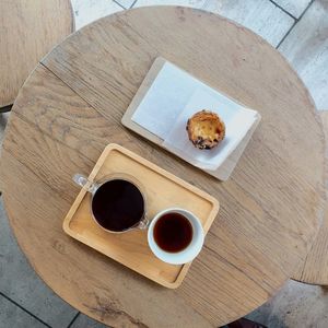 High angle view of breakfast on table