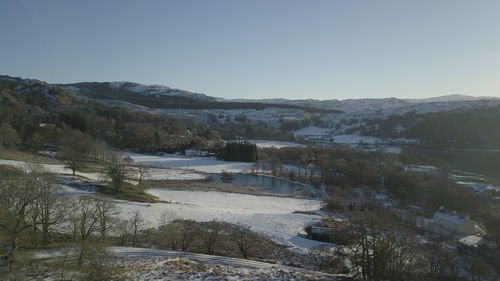 Scenic view of snow covered landscape against clear sky