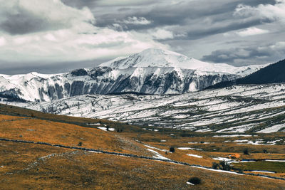 Scenic view of snowcapped mountains against sky