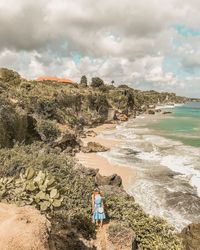 High angle view of woman standing amidst plants against sea at beach