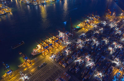 High angle view of illuminated city at night