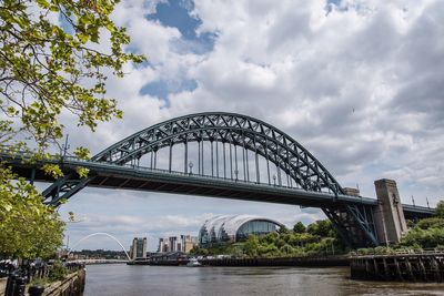 Low angle view of bridge over river against cloudy sky