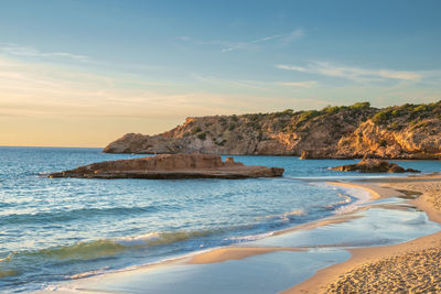 Waves and beach, cala tarida bay, ibiza, balearic islands, spain