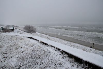 Scenic view of sea against clear sky during winter