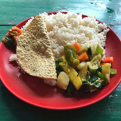 High angle view of breakfast served on table