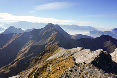 Scenic view of snowcapped mountains against sky