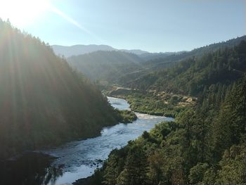 Scenic view of river amidst mountains against sky