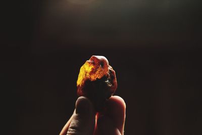 Close-up of hand holding ice cream against black background