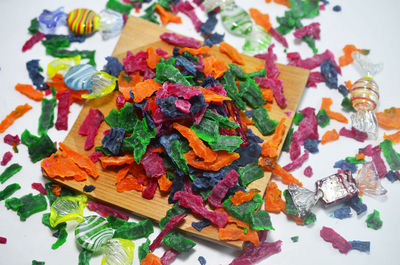 High angle view of chopped vegetables on table