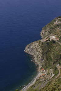 High angle view of sea against blue sky