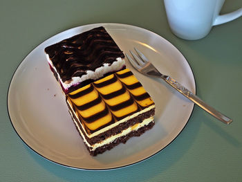 High angle view of cake in plate on table