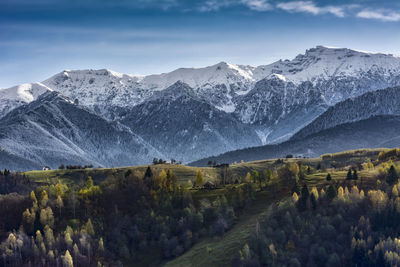 Scenic view of snowcapped mountains against sky