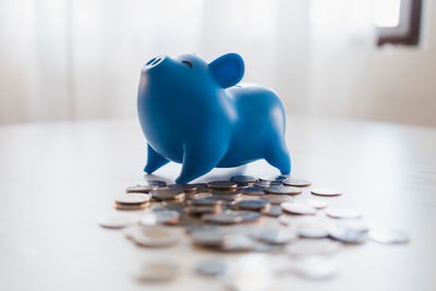 Close-up of blue toys on table