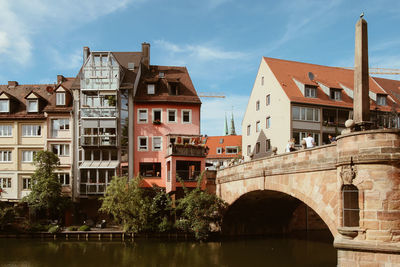 Buildings by river against sky in city