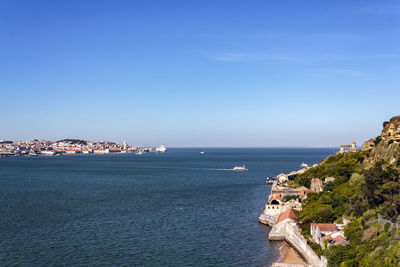 Scenic view of sea by buildings against blue sky