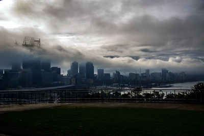 City at waterfront against cloudy sky