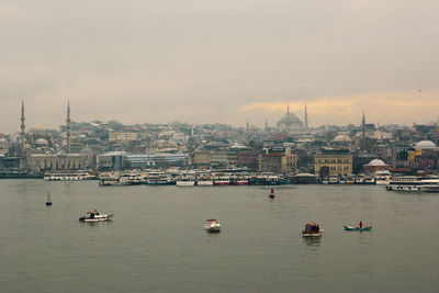 Seagulls flaying on the istanbul background,the bosporus is a narrow, natural strait 