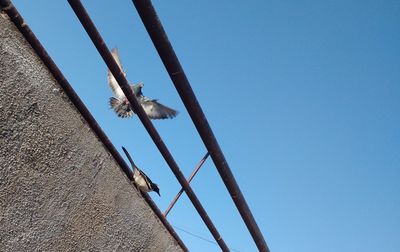 Low angle view of metallic structure against clear blue sky