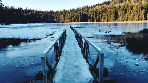 Ice covered bridge and lake