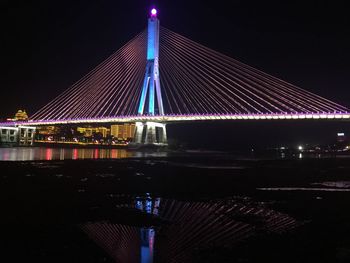 Illuminated suspension bridge at night