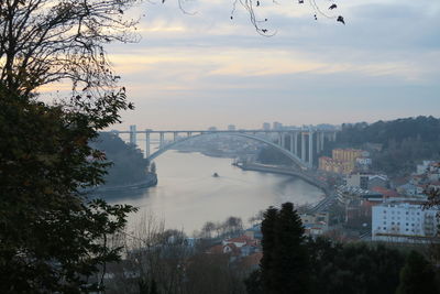 Bridge over river in city against sky