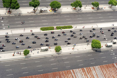 High angle view of people on street