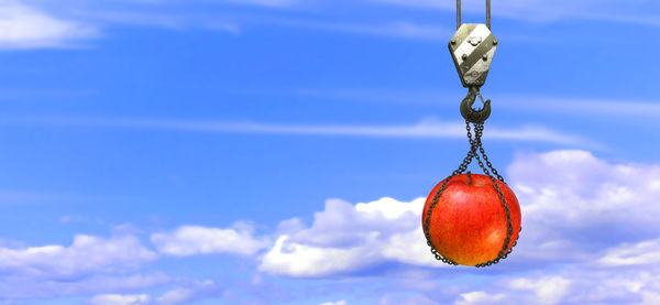 Low angle view of apple hanging against blue sky