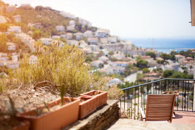 Tilt shift image of potted plants in back yard against town