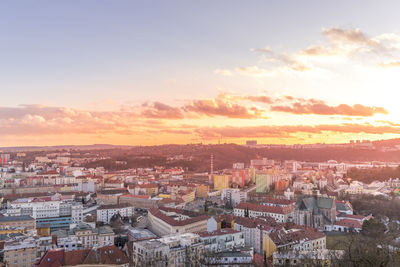 High angle view of townscape against sky during sunset